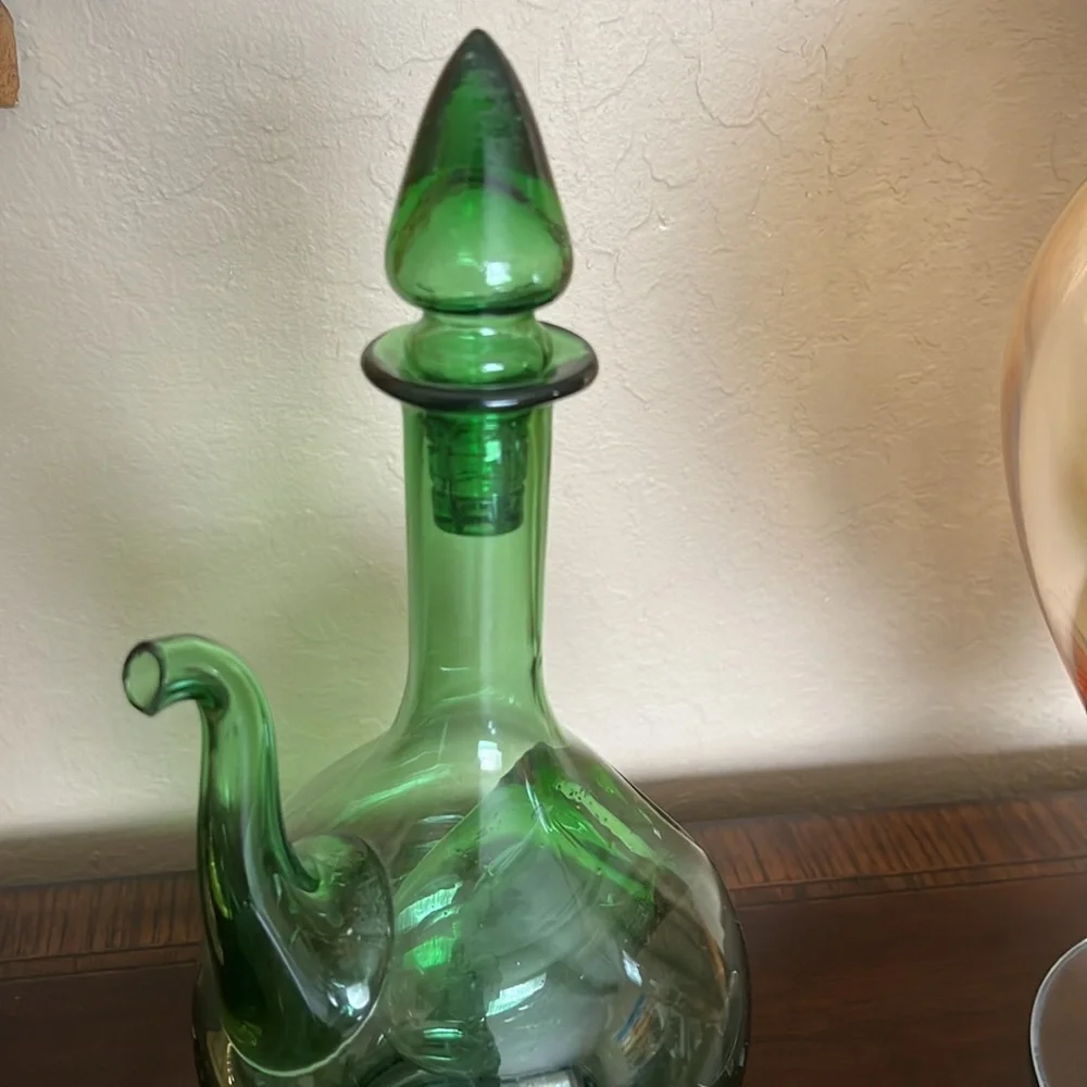 Vintage Italian Green Glass Wine Decanter Ice Chamber Chiller Stopper Hand Blown